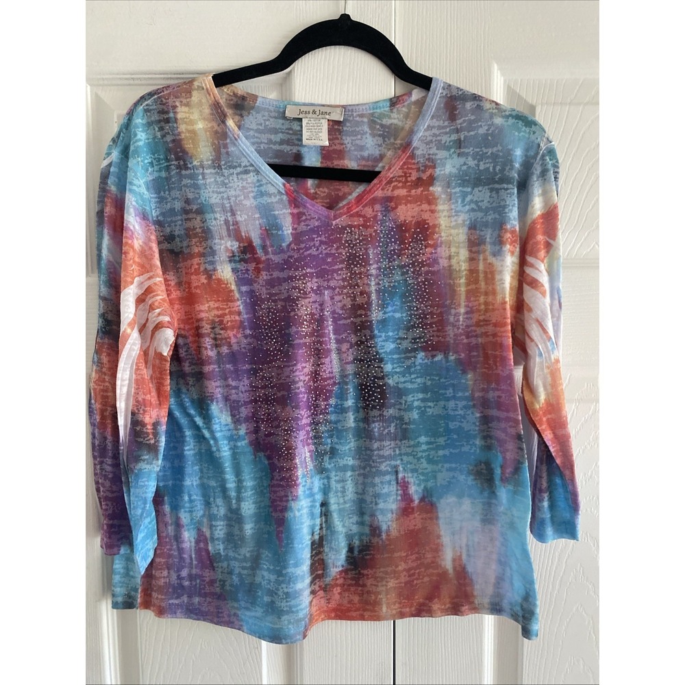Jess & Jane Watery Sky Top Womens Size PM‎ Multicolor Rhinestone Tie Dye Cotton